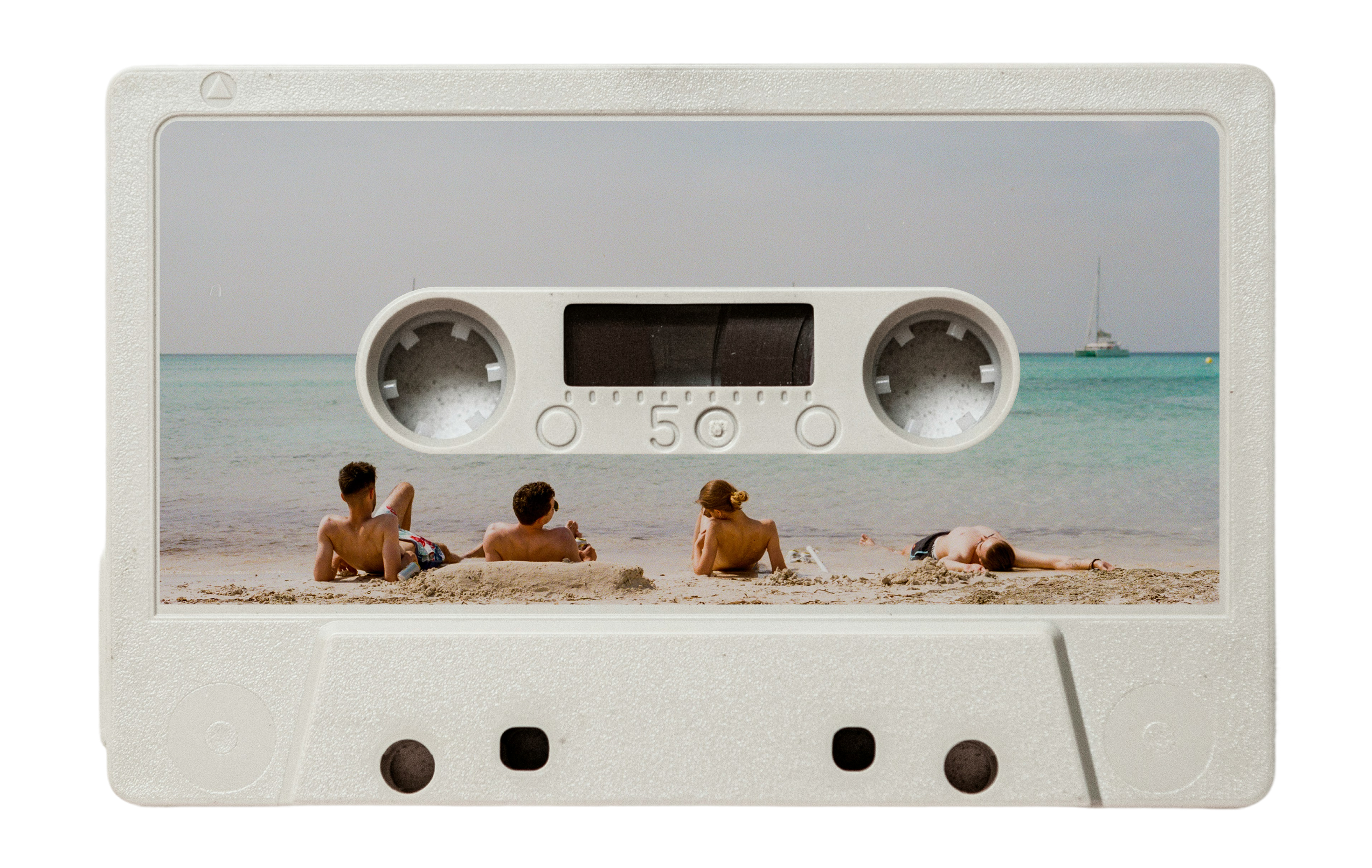 Recording tape with image of people on a beach on it